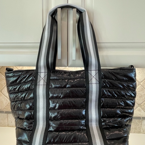 Think Rolyn Black Quilted Tote Bag with Striped Handles